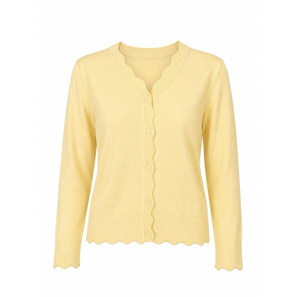 GRECERELLE Women’s Large Butter Yellow Cardigan Scallop Trim Soft Knit Cottage